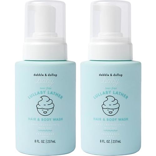 Dabble & Dollop Baby Lullaby Lather™ Hair & Body Wash – Tear-Free, Fragrance-Free Cleanser, Gentle Foaming Wash for Sensitive Baby Skin, pH-Balanced (2-Pack, 8 oz Each)