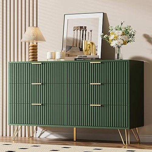 Green Dresser for Bedroom, Modern Dresser with Gold Metal Handles & Chests of Drawers for Bedroom, 15.7" D x 47.2" W x 29.5" H