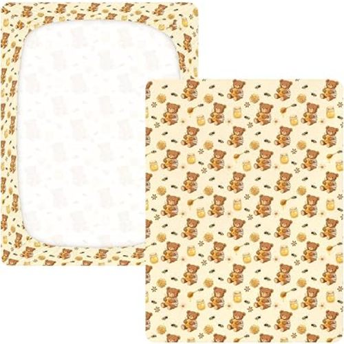 Teddy Bear Honey Crib Sheets for Baby Boys Girls Cotton Baby Playard Sheet Comfy Breathable Toddler Bed Cover, 1 Pack
