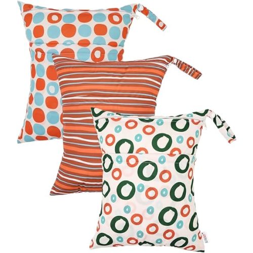 ALVABABY 3pcs Cloth Diaper Wet Dry Bags Waterproof Reusable with Two Zippered Pockets Travel Beach Pool Daycare Soiled Baby Items Yoga Gym Bag for Swimsuits or Wet Clothes 3L-ZM35