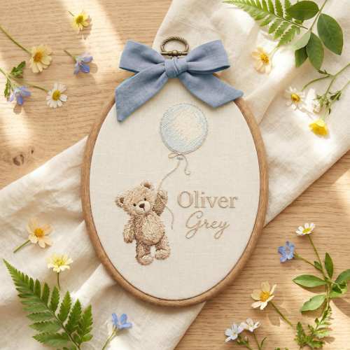 Personalized Baby Name Sign, Teddy Bear Balloon Nursery Decor, Embroidered Baby Boy Name Hoop, Newborn Announcement Sign, Custom Baby Gift