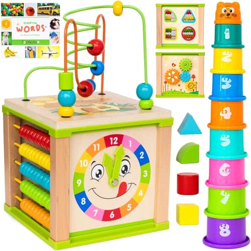 Wooden Activity Cube for 1 Year Old - 1 Year Old Boy Gifts - 1 Year Old Boy Toys - Educational Toys for 1 Year Old - Busy Cube with Bead Maze Toy - Baby Stacking Cups & Board Book - Blue Gift Box