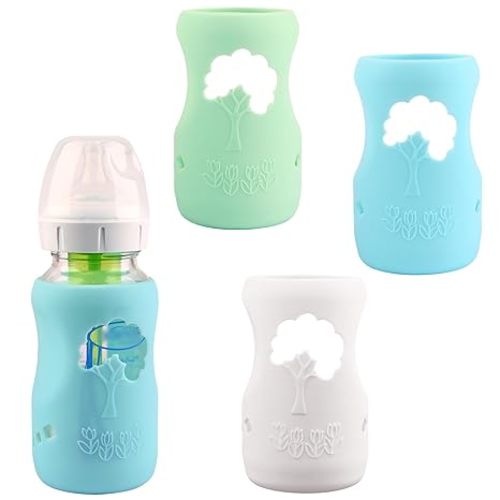 3 Pack Silicone Sleeves for Dr. Brown's Natural Glass Baby Bottles, Anti Breakage Baby Bottle Holder, Compatible Dr. Brown Wide-Neck Glass Baby Bottles 9 oz (White+Blue+Green)