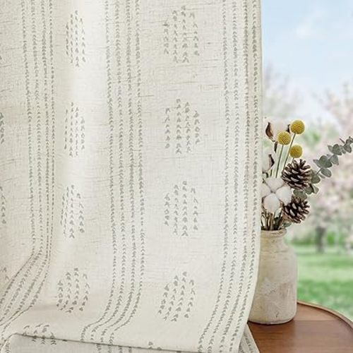 Boho Linen Curtains for Bedroom Living Room Sage Green Farmhouse Boho Curtains 84 Inches Long Geometric Striped Patterned Mudcloth Grommet Top Rustic Window Drapes 2 Panels Green on Beige