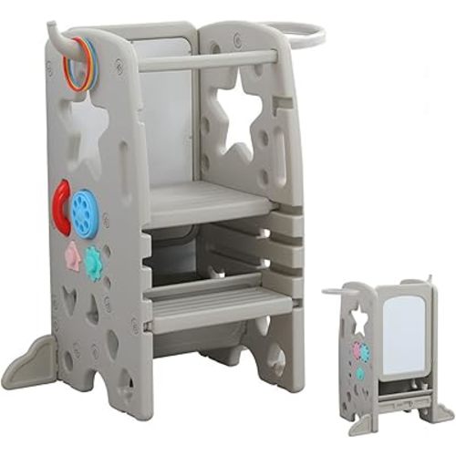 UNICOO® Multifunctional Kids Step Stool w/Double Safety Rails, Height Adjustable, Toddler Tower for Kitchen Countertop and Bathroom w/Drawing Board & Storage (OMLT-Grey)