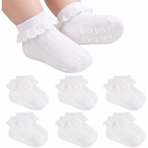 6 Pairs Baby Girl Infant Toddler Ruffle Lace Dress Socks With Grips