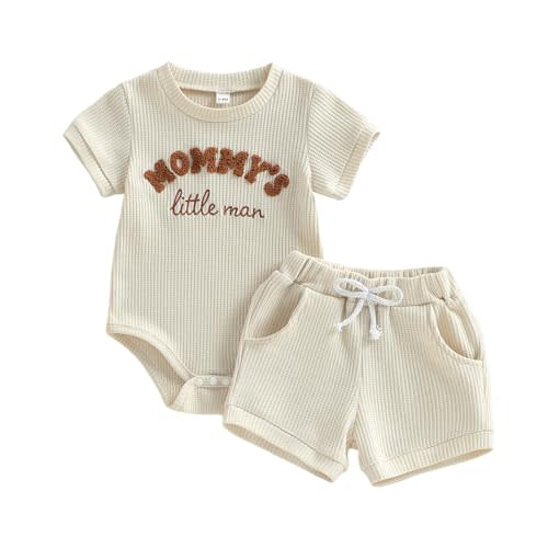Douhoow Baby Boy Summer Outfits Short Sleeve Mamas Boy Little Dude Embroidery Boy Romper Shorts Set Infant Waffle Clothes
