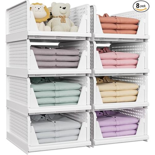 SNSLXH 8 Pack Stackable Closet Storage Bins, Multifunctional & Foldable Closet Organizers and Storage for Bathroom Kitchen Laundry Room Drawer Shelf Storage, Space-Saving Wardrobe Organizer, White