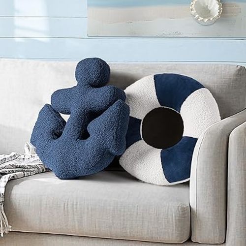 AELS 3D Anchor & Lifebuoy Nautical Throw Pillows, 19.6"& 15.7" Set of 2, Coastal Decor for Beach Enthusiasts Beach House, Ideal for Sofa Couch Living Room Bedroom and Nursery, Navy Blue and White