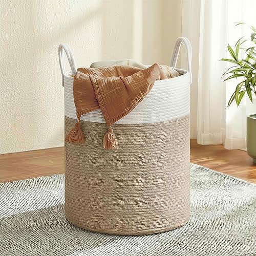 SONGMICS Laundry Hamper, Cotton Rope Laundry Basket with Handles, for Children, Toys, Clothing, Living Room, Bedroom, 15.8 Gallons, 13.8 x 13.8 x 19.7 Inches, White and Grayish Brown URLH061LZ01