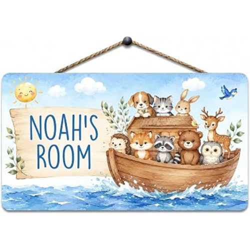 Personalised Childrens Wood Bedroom Door Sign - Custom Noah's Ark Animals Gloss Sign for Walls, Doors, Playrooms, Toy and Baby Boxes