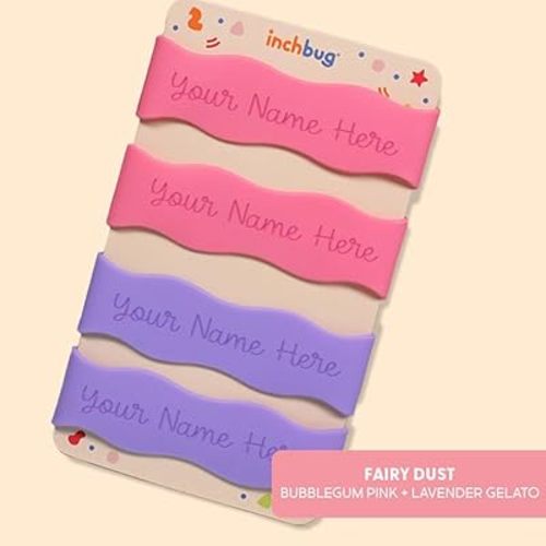 InchBug Orbit Labels Baby Bottle and Water Bottle Silicone Name Bands – Personalized Reusable Label Set for Daycare, Sippy Cups, Preschool, Elementary School, Dishwasher Safe (Fairy Dust) 4-Pack