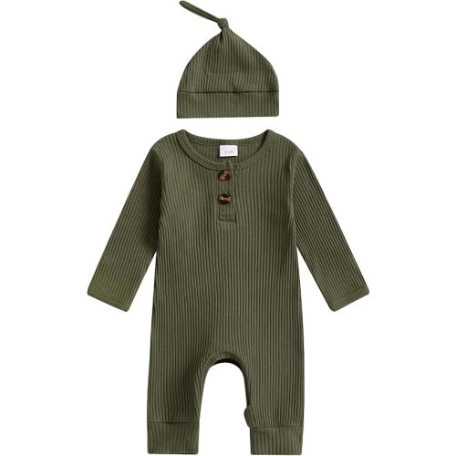Newborn Baby Boy Girl Clothes Infant Ribbed Romper Solid Long Sleeve Knit Bodysuit Jumpsuit Hat Coming Home Outfit