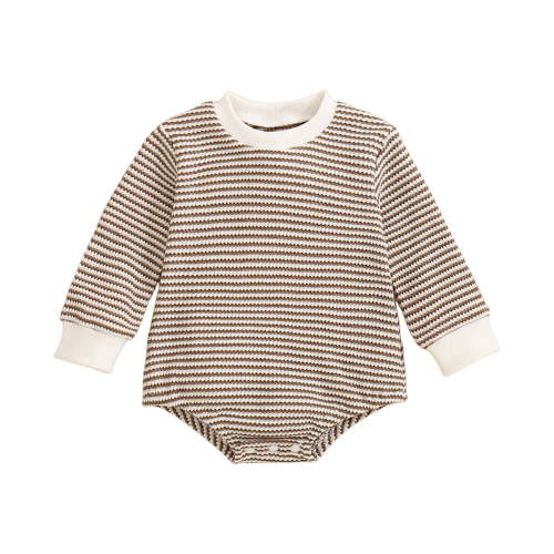 Povozer Unisex Baby Boy Girl Striped Romper Waffle Long Sleeve Bubble Oversized Romper Bodysuit Top Fall Onesie Clothes(Brown,12-18 Months)