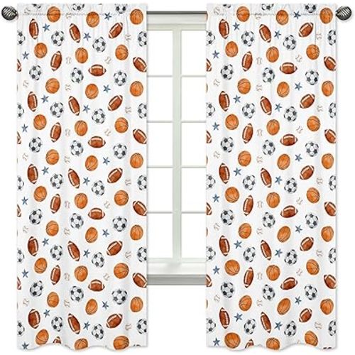 Sweet Jojo Designs Sports Theme Boy Window Curtains Treatments Panels Drapes Baby Nursery Kids Bedroom Living Room Coverings Set of 2 - Watercolor Soccer Balls Football Baseball Basketball Blue Stars