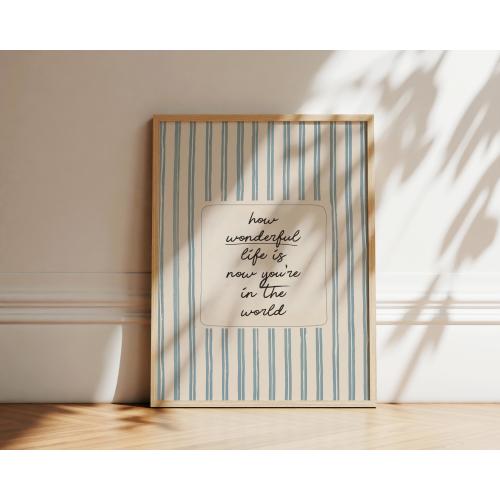 How Wonderful Life Is Quote Nursery Print, Baby Boy Room, Vintage Blue and Ivory Stripes Art
