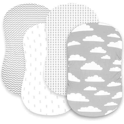 BaeBae Goods Premium Bassinet Fitted Sheet Set - 4 Pack 100% Jersey Knit - Grey and White - Chevron Pattern - Standard Size Oval or Halo Bassinet Pads