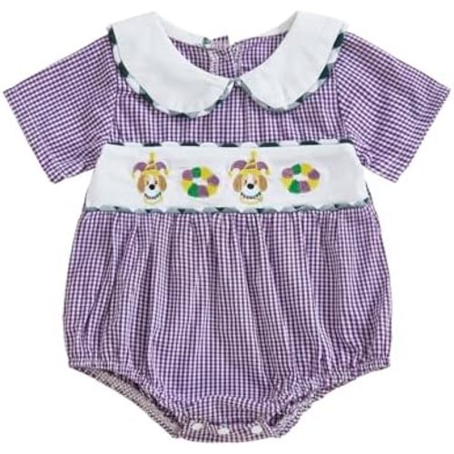 Newborn Baby Boy Girl Outfit Short Sleeve Doll Collar Smock Romper Purple Green Beads Embroidery Carnival Clothes
