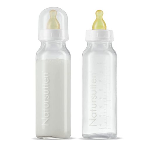 Natursutten Anti-Colic Glass Baby Bottle 2-Pack - 8 Ounce Bottles for Breastfeeding Babies - Newborn Bottles Set: Natural Rubber Slow-Flow Bottle Nipples, Seals, Valves, Baby Bottle Caps