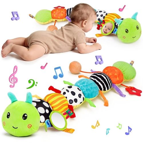 Baby Sensory Toy 0-6 Month Music Animal Stuffed Plush Caterpillar Toy for Infant 0-3-6-12 Month Old Tummy Time with Mirror Crinkle Rattle Toys for Newborn Boys Girl Shower Gifts Easter Basket Stuffer