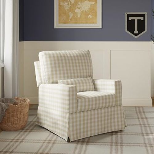 NAMESAKE Crawford Recliner and Swivel Glider in Tan Gingham, Greenguard Gold Certified, with 270° Swivel, Smooth Glide & Reclining Footrest