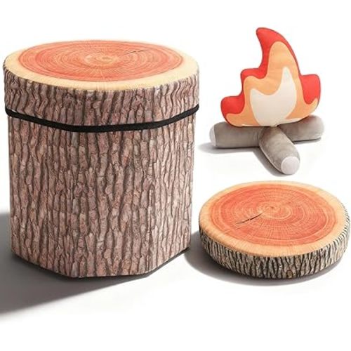Yousoontic 3 Pcs Pretend Campfire Set with 1 Fake Campfire Plush and 1 Wood Pillow and 1 Tree Stump Storage Stool Ottoman Flexible Seating for Home Couch Bedroom Outdoor Picnic Party Decorations