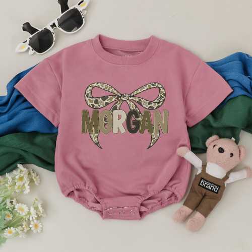 Personalized Camo Bow Baby Bubble Romper, Hunting Baby Bodysuit, Camouflage Outfit,  Custom Name Infant Clothes, Baby Shower Gift