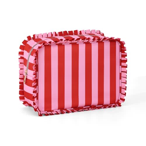 Ruffled Makeup Bag, Red Stripe | Zipper Closure, Large Capacity, Travel Organizer for Cosmetic Accessories, Brushes, Skincare, for Women Girls