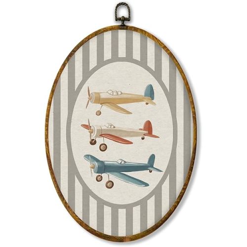 Hiuwevt Airplane Boy Nursery Oval Wall Art Decor, Kids Room Framed Canvas Prints, Airplane Striped Oval Wall Hanging Decor for Kids Boy Nursery Bedroom Playroom Decorations, 8.6x11.4 Inches