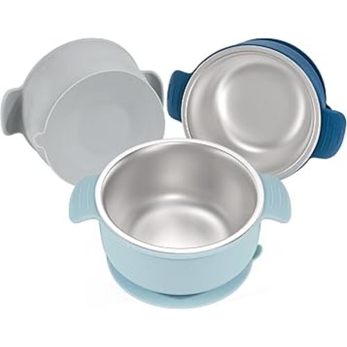 Bella's Friends Stainless Steel and Silicone Baby Bowls with Suction 3 Pack, 4.3” for Toddlers Kids Feeding, Non-Slip, Non-Toxic, Mess-Free, Dishwasher Safe, Fit High Chair Size, blue dark blue gray