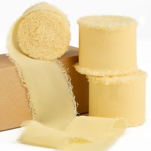 Cream Yellow Chiffon Ribbon 1.5 Inch x 21 Yards Handmade Fringe Chiffon Silk Ribbon for Gift Wrapping Wedding Invitations Bridal Bouquets Crafts Home Decor