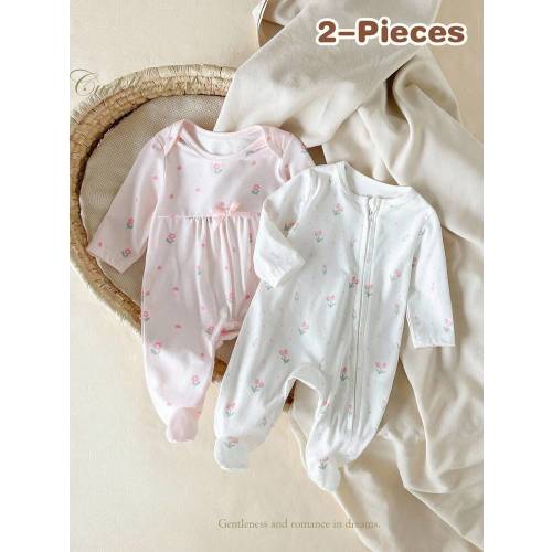 Cute Multicolor Long Sleeve Newborn Pajamas With Plant Print And Ruffle Details Newborn Girl Clothes Fall Winter | SHEIN USA