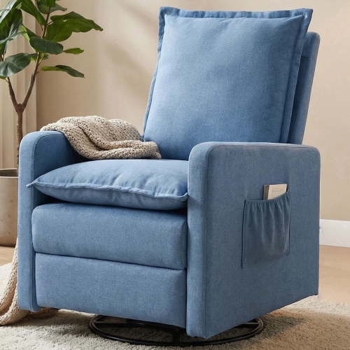 TECHMILLY, Upholstered Glider Recliner Rocking Chair, Linen Blue
