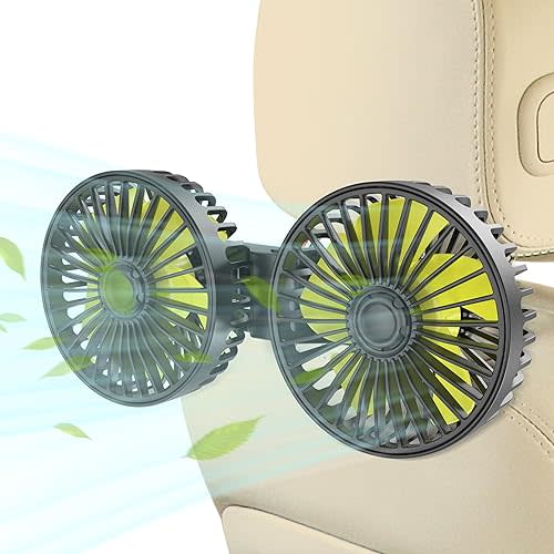 Wowok Car Fan for Rear Seat Passenger - Dual Head USB Seat Fan With 360 Rotatable 3 Speeds Air Circulation for Backseat Kids, Baby - Adjustable Clip for Vehicles, SUV, RV