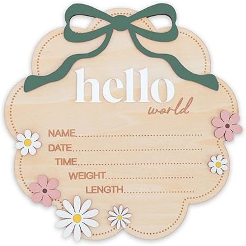 TTMerriwood Hello World Wooden Baby Birth Announcement Sign with Pink Bow, Cloud Shape Floral Newborn Name Date Time Weight Length Board, Baby Girl Nursery Photo Prop (Matte Sage)