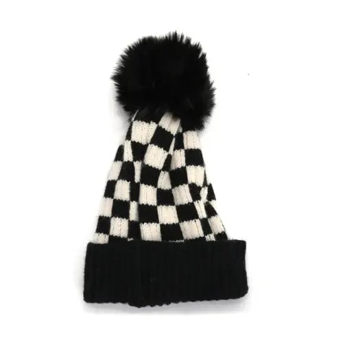 Checkerboard Pom Pom Beanie - Multi-Colour