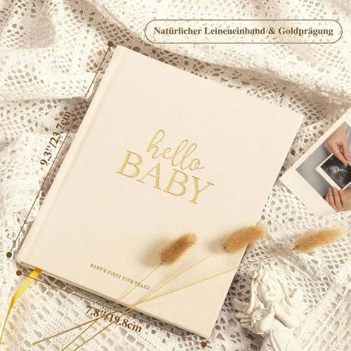 Beige Linen Hardcover Baby Memory Book - "Hello Baby" 154-Page, First 5-Year Keepsake for Boys/Girls