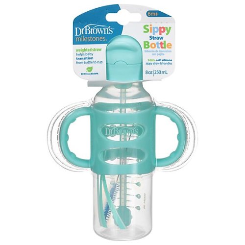 8 Oz/250 Ml Narrow Sippy Straw Bottles W/ Silicone Handles, Green, 1-pack - EA