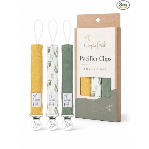 Copper Pearl Pacifier Holder 3-Pack: Premium Knit Binky Clips for Babies - Stylish Stainless Steel Design, Prevents Floor Drops - Fern