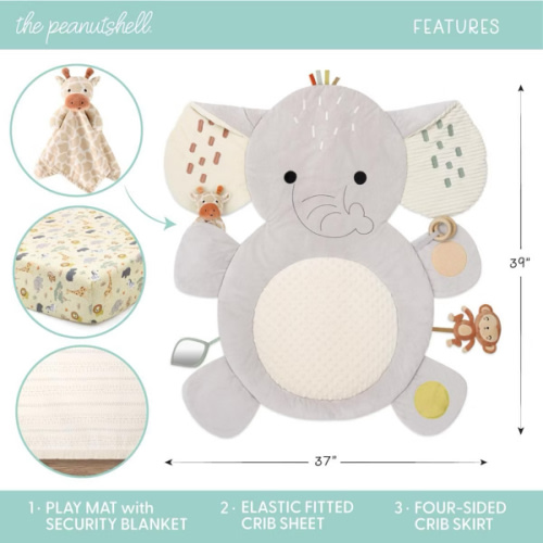 The Peanutshell Elephant Safari Tummy Time Mat and Security Blanket Crib Bedding Set, 4-Piece Set