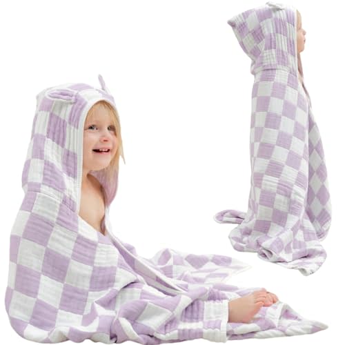 Ultra-Soft Muslin Toddler Hooded Towel - 55 x 28 Inches, Ideal for Bath & Beach, Suitable for Both Boys & Girls from Newborns to Toddlers（Lavender Check）