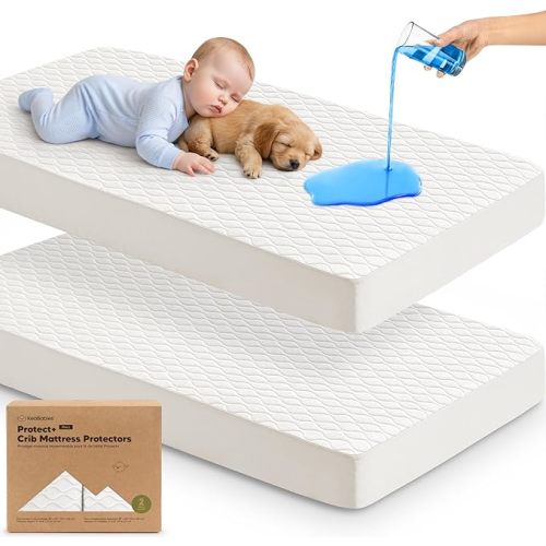 2-Pack Waterproof Crib Mattress Protector Cover Fitted - Quiet Baby Crib Mattress Pad Sheets, 52" x 28" Soft Quilted Cotton Baby Sheet, Machine Washable, Easy Fit, Durable (Soft White/Mavy)