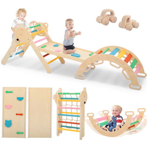 iYofe Pikler Triangle Climbing Set, 7in1 Toddler Climbing Toys Indoor with Arch&Ramp&Ladder, Climbing Toys for Toddlers 1-3 Inside Gym - Rainbow