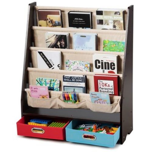 Costway Kids Book Rack Toys Organizer with 4 Sling Bookshelf & 2 Boxes Espresso