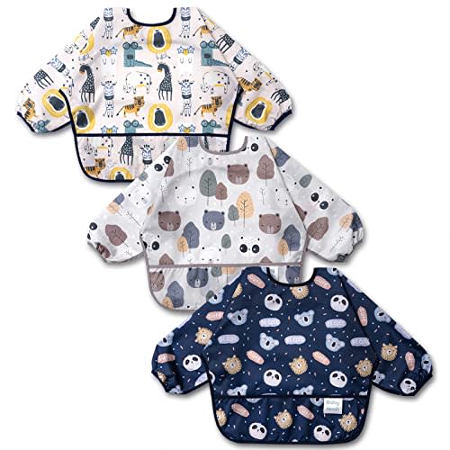3 Pcs Long Sleeved Bib Set | Baby Waterproof Bibs with Pocket Bundle Toddler Bib with Sleeves and Crumb Catcher 6-24 Months