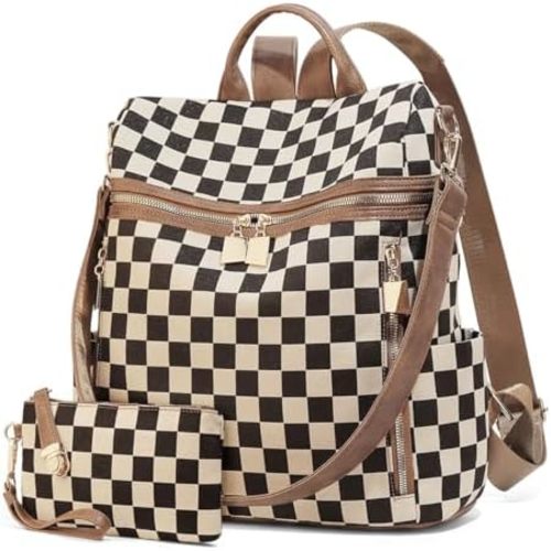 Checkered Backpack Purse - Checkered Bags for Women Plaid Backpack Handbags Back Pack Purse for Work (Brown)