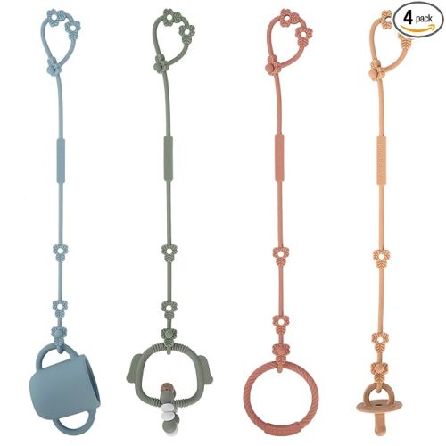 Toy Safety Straps, Adjustable Stretchable Sippy Cup Straps for Strollers, High Chair, Cribs, Hanging Baskets, Car Seat, Shopping Trolley, 4 Pack, (Ether+Sage+Muted+Apricot)