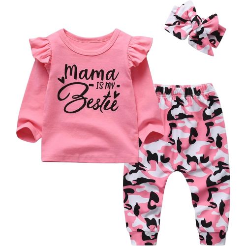 KuKitty 3Pcs Baby Girl Outfits Set Long Sleeve T-Shirt Tops Flowers Pants with Headband