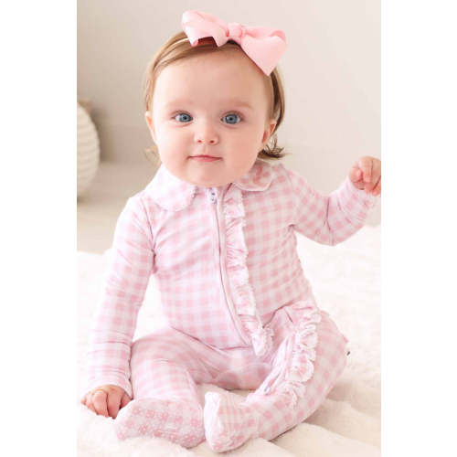 Peter Pan Collar Ruffle Zipper Footie in Rosy Gingham | Caden Lane