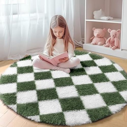 KICMOR Round Rugs 5ft Olive Green and White Circle Area Rug, Fluffy Soft Fuzzy Shag Shaggy Bedroom Living Room Carpet, Indoor Checkered Circular Rug for Kids Boys Girls Home Decor Aesthetic, Nursery